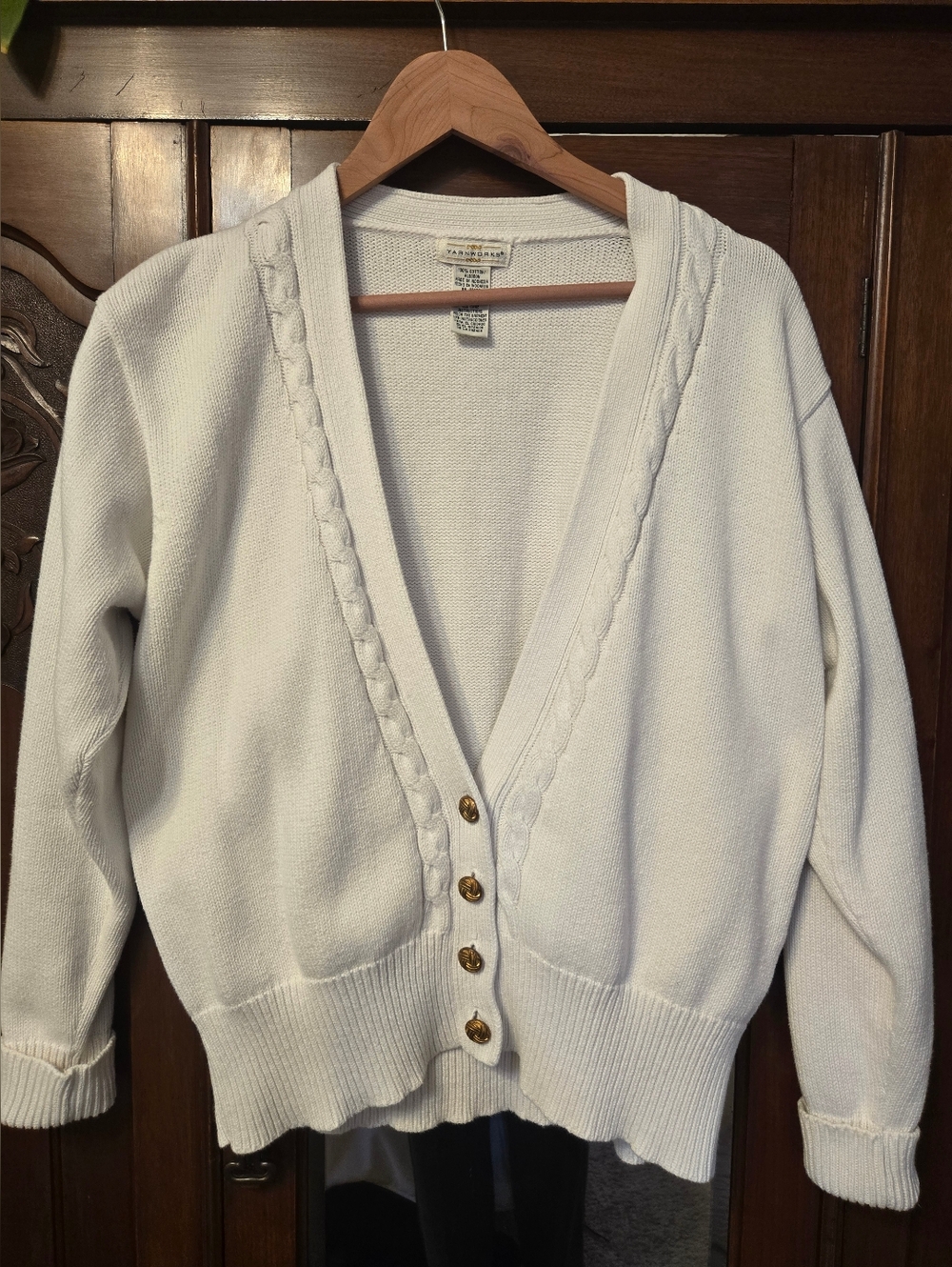 Yarnworks 100% Cotton White Cable-Trim V-Neck Cardigan with Gold Buttons